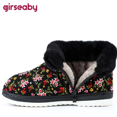 Girseaby Winter Cute Warm Plush fur Mid-Calf boots Floral Folk-custom Cotton Flat Flock Zip Big size 36-45 Black Blue Red F1046 ► Photo 1/6