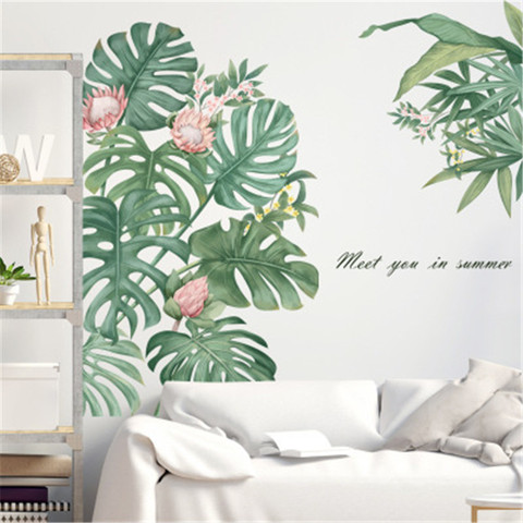 Rainforest Green Plants Monstera Wall Sticker Home Decor Living Room Nordic Tropical Palm Leaves Window Wall Decals Muursticker ► Photo 1/5