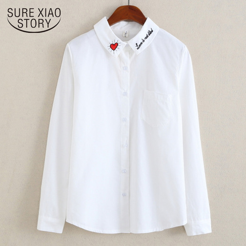 2022 White Shirt Long Sleeve Autumn Shirt Women Bottoming Shirt Love Embroidered Blouse Cotton Women Blouse Ladies Tops 5598 50 ► Photo 1/6