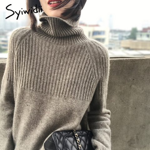 Sweater Women Turtleneck Pullovers Solid Stretch Striped Korean Top Knit Plus Size Harajuku Fall 2022 Winter Clothes Beige Khaki ► Photo 1/6