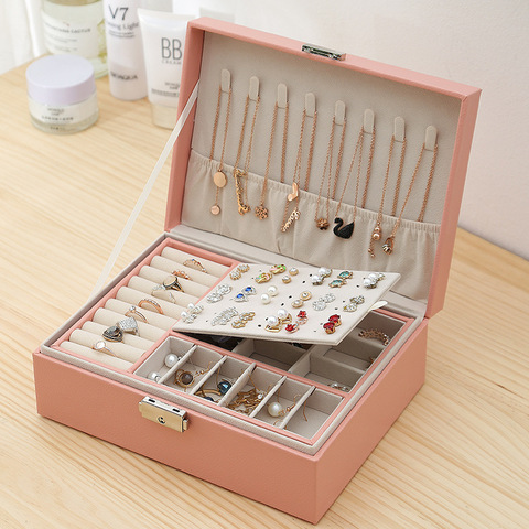 New Two-Layer Leather Jewelry Box Organizer Display Storage Case Gift Women with Lock ► Photo 1/6