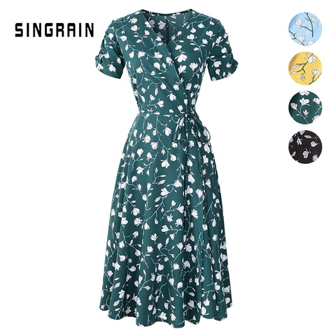 SINGRAIN New Summer Print Floral Dress Women V Neck Short Sleeves Chiffon Bohemian Dresses Beach Midi Female Wrap Long Dress ► Photo 1/6