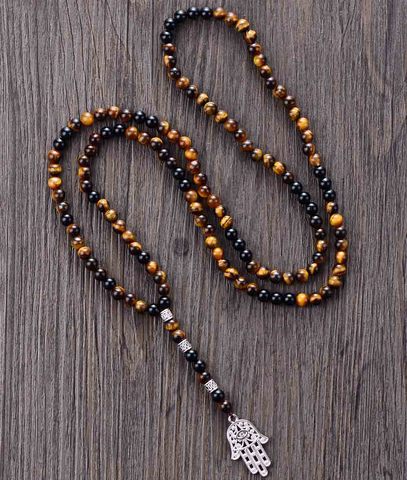 Men Necklace 6MM Tiger Eye Onyx with Antique Beads Hamsa Fatima Hand Pendant Mens Rosary Necklace Men Jewelry Dropshipping ► Photo 1/5