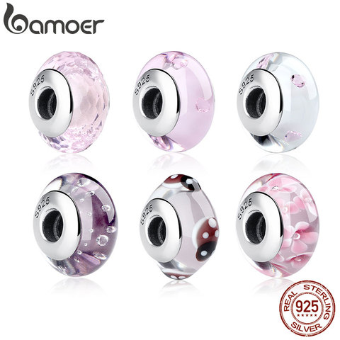 BAMOER 925 Sterling Silver Lovely Pink Flower European Murano Glass Beads Charms for DIY Bracelets Christmas DEAL SCZ001 ► Photo 1/5