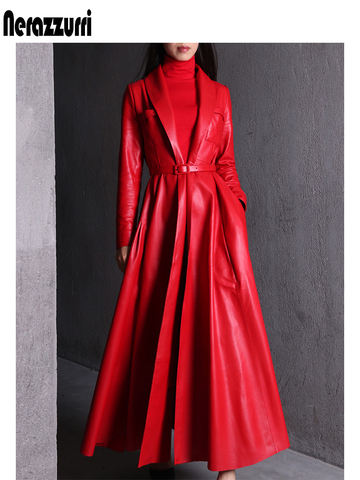 Nerazzurri high quality red black maxi leather trench coat for women long sleeve extra long skirted overcoat plus size fashion ► Photo 1/6