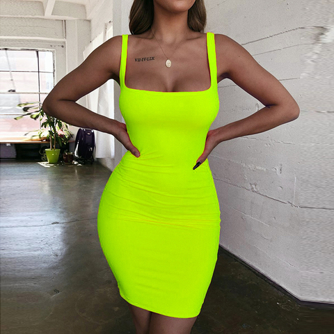 Green dress Mini Bodycon Women Summer new fashion Dress Backless Sexy Wrap Neon  sleeveless Dress jurk dames Club Party ► Photo 1/6