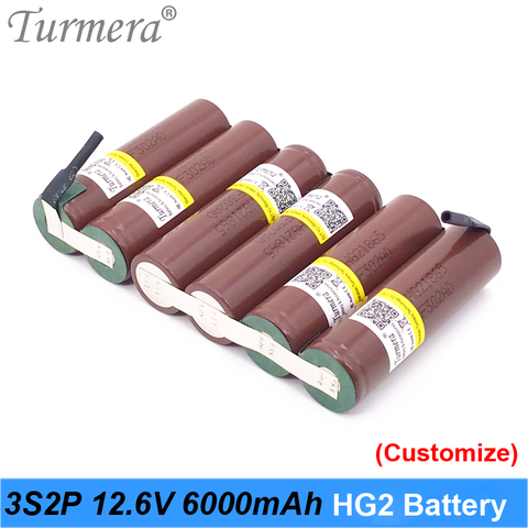 Turmera 10.8V 12.6V 3S2P 6000mAh 30A Lithium Battery 18650 HG2 3000mAh Battery with Soldering for Screwdriver Battery Customized ► Photo 1/6