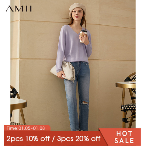 Amii Minimalism Winter Simple Women's Sweater Fashion 100%wool Solid Vneck Loose Female Pullover Tops Winter Coat Women 12041046 ► Photo 1/5