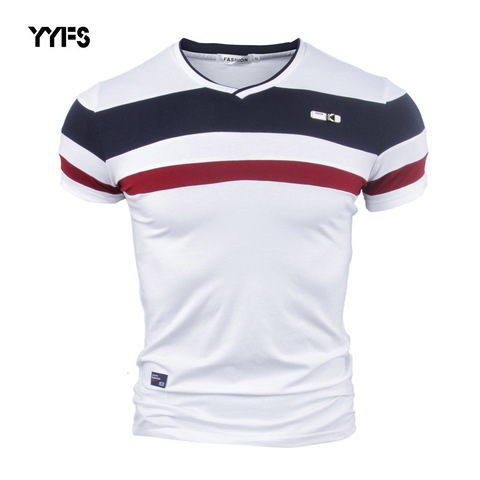YYFS Men Short Sleeve T Shirts 2022 New Summer 100% Pure Cotton Vintage Patchwork Tees V neck Cotton tshirt Homme M-4XL ► Photo 1/6