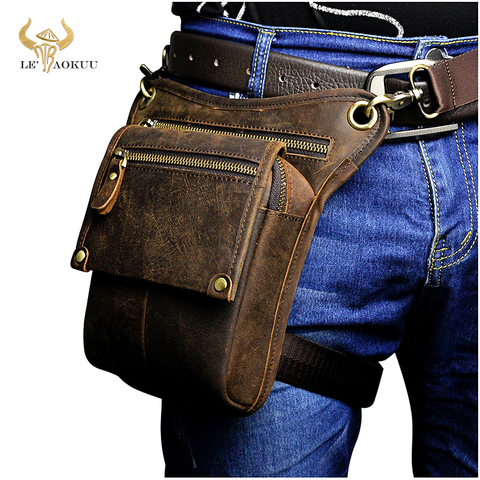 Crazy Horse Leather men Multifunction Design Small Messenger Bag Fashion Travel Belt Waist Pack Drop Leg Bag Pouch Male 211-4-d ► Photo 1/6