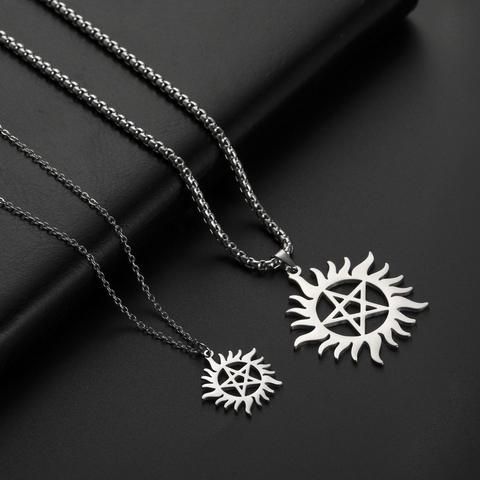 Skyrim Stainless Steel Shining Sun Pentagram Pendant Necklace Supernatural Dean Statement Box Chain Necklaces Jewelry Women Men ► Photo 1/6