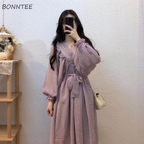 Dress Women Retro Purple Elegant A-Line Lace-up Design Vintage Holiday Ladies Long Dresses Autumn Fashion Ulzzang Womens Vestido ► Photo 1/6