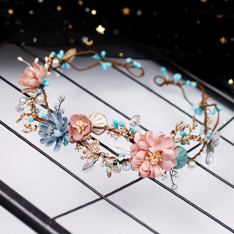 headwear golden blue handmade beads Baroque flowers garland circular hoop crown Bridal wedding accessories ► Photo 1/4