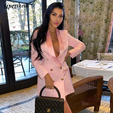 HIGH QUALITY Long Blazer Dress 2022 New Pink Blazer Classic Lapel Double Breasted Satin Shawl Collar Women Office OL Blazer ► Photo 1/6