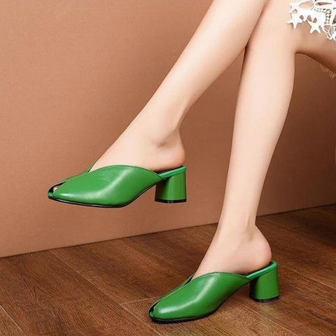 New 2022 Green Slip-on Slippers High Heeled Womens Mules Pumps Peep Toe Square Heel Autumn Casual Sandals Slipper Lady ► Photo 1/6