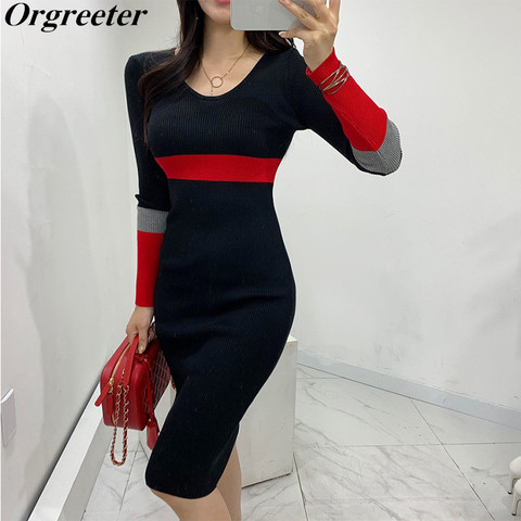 2022 New Fall Winter Sweater Dress Women Fashion V-neck Full Sleeve Color Patchwork Sheath Knitted Dress Vestidos Female ► Photo 1/6