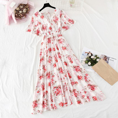 Bohemia Beach Long Dress 2022 Summer Women Short sleeve print Ruffles Chiffon Dresses High waist Vintage Floral Dress Vestidos ► Photo 1/6