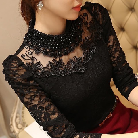 Women Sexy Lace Blouse new Slim Plus size 3XL Lace Tops Long Sleeve Casual Shirt Beaded Openwork Feminine Hollow Out Tops ► Photo 1/6