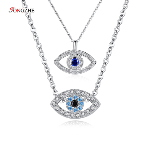 TONGZHE 925 Sterling Silver Necklace  Pendant Lucky Evil Eye Blue CZ Long Link Chain Turkey Jewelry Sapphire Aquamarine Necklace ► Photo 1/5