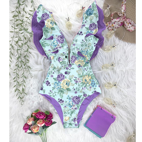 2022 New Print Swimwear Deep V-neck Ruffle Swimsuit Push Up One Piece Swimsuit Beach Wear Backless Monokini ► Photo 1/6