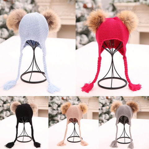 2022 Baby Accessories Fashion Kids Baby Boy Girl Winter Warm Beanie Double Fur Pom Bobble Knit Hat Knitted Fur Solid Cap Gifts ► Photo 1/6