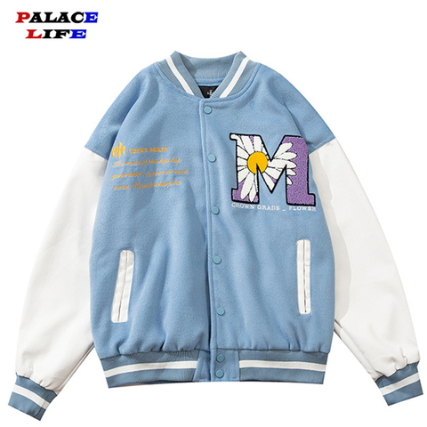 Hip Hop Patchwork Baseball Jackets Mens Letter Daisy Flowers Patch Leather Bomber Jackets Men Spring Oversized Streetwear Coats ► Photo 1/6