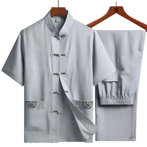 Traditional Chinese Clothing Set for Men Adult Tai Chi Kung Fu Uniforms Linen Short Sleeve Embroidery Casual Chinese Costumes ► Photo 1/6