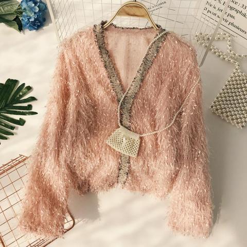 Fairy V-neck Hairy Gold Tassels Sweat Lazy Windy Fringed Pullovers Sweet Long Sleeved Thin Knitted Shirts 2022 Tops ► Photo 1/6