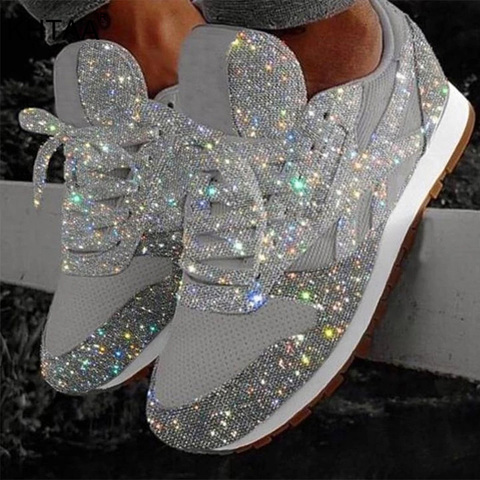 Women Flat Glitter Canvas Sneakers Casual Female Mesh Lace Up Bling Comfortable Plus Size Vulcanized Crystal Shining Board Shoes ► Photo 1/5