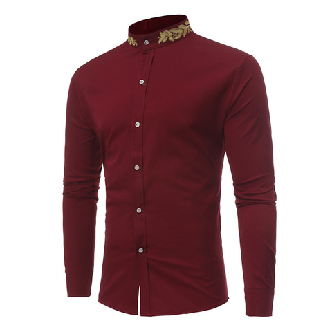 Mens Gold Embroidery Dress Shirts 2022 Brand Stand Collar Men Slim Fit Shirt Casual Long Sleeve Male Social Shirt Chemise Homme ► Photo 1/1