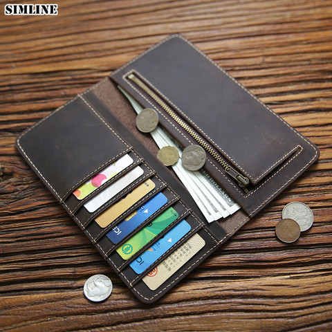 SIMLINE Genuine Leather Wallet For Men Male Vintage Handmade Real Cowhide Men's Long Purse With Card Holder Zipper Coin Pocket ► Photo 1/6