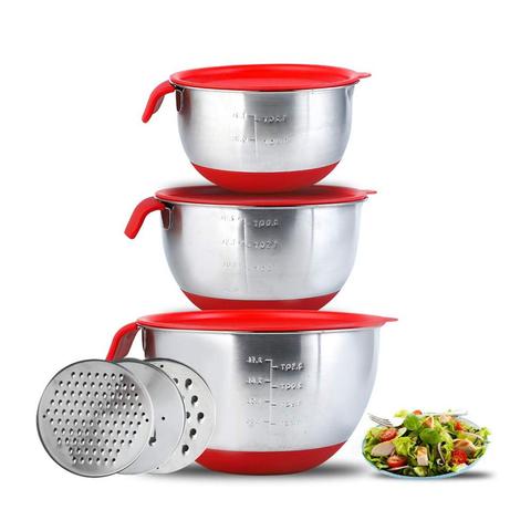 Kitchen Stackable Stainless Steel Mixing Bowls Non-slip Silicone Base Noodle Bowl With Airtight Lid/Measurement Marks/Grater Set ► Photo 1/1
