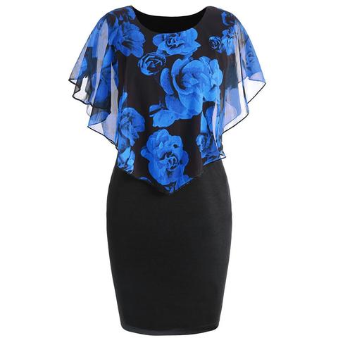 Plus Size Womens Dress Elegant Office Lady Rose Flower Print Cape Bodycon Knee Length Dress ► Photo 1/6