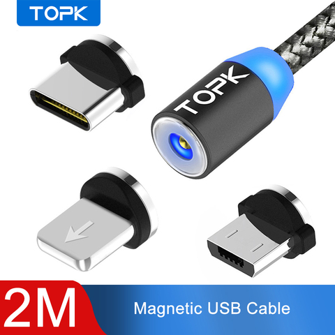 TOPK AM17 2M LED Magnetic USB Cable for iPhone Xs Max Micro USB Type C Cable Samsung Braided Phone Cable Magnet Charging Wire ► Photo 1/6