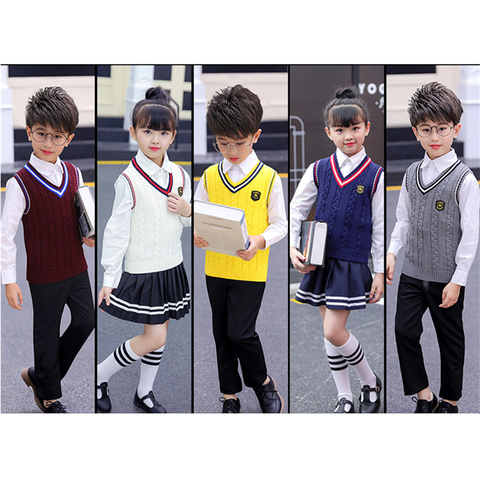 Children School Uniform Autmun Winter V-Neck Sweater Boys Girls Choir Class Wear 100% Cotton Warm Korean British Style Vest ► Photo 1/6