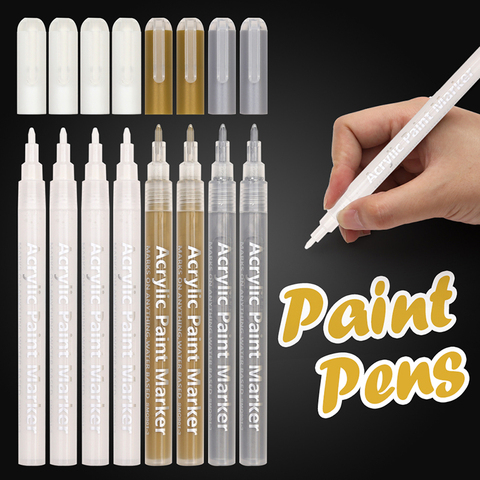  White Paint Pen, 8 Pack 0.7mm Acrylic Paint Pens with 2 White 2  Black 2 Gold 2 Silver Paint Pen Permanent Marker for Wood Rock Fabric Metal  Plastic Ceramic Acrylic Paint