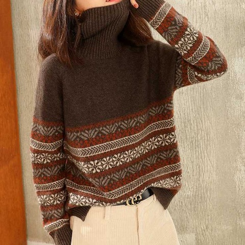 Turtleneck cashmere sweater women loose casual jacquard knitted bottoming top new pullover 100%WOOL sweater women autumn winter ► Photo 1/6