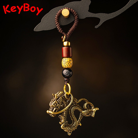 Vintage Copper Beast Dragon Lucky Rope Keychain Pendant Brass Chinese 12 Zodiac Animals Car Key Chain Bag Feng Shui Hanging Gift ► Photo 1/6