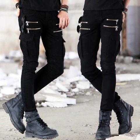 Motorcycle Denim Pants Men's Black Jeans Fashion Stretch Zipper Skinny Jeans Pleated Moto Biker Men Slim Pants Hot Selling ► Photo 1/5