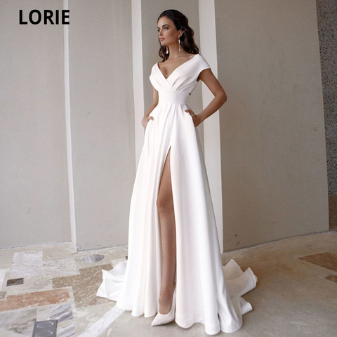 LORIE Simple Beach Wedding Dresses V-Neck Short Sleeve Soft Satin A-Line Bridal Gowns With Side Split Sweep Train Princess Dress ► Photo 1/6