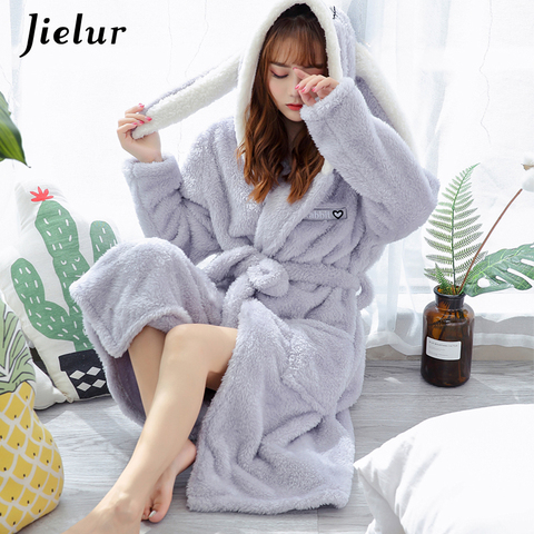 Jielur Coral Velvet Bathrobe Women Cartoon Cute Warm Hooded Robe Rabbit Flannel Kimono Bath Robe Dressing Gowns Sleepwear ► Photo 1/6