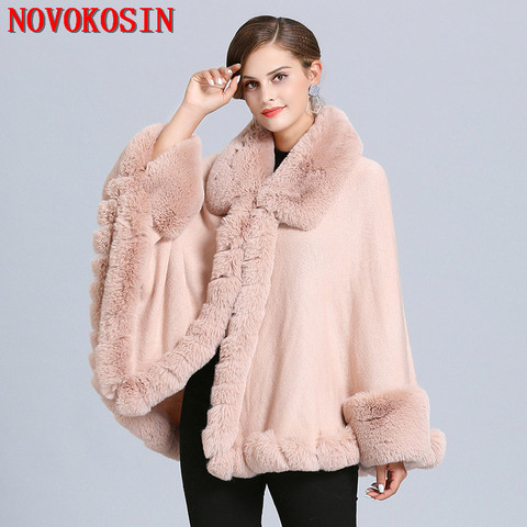 SC367 2022 Winter Warm Big Fur Neck Pink Cloak Women Hairy Cardigan Faux Fox Fur Cape Knitted Poncho With Fur Batwing Sleeves ► Photo 1/6