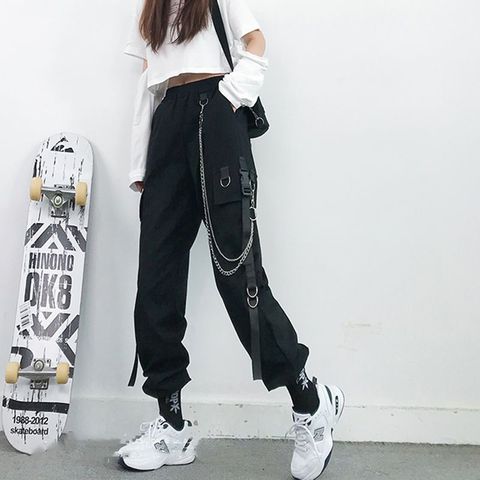 E-girl Cargo Pants Women Punk Pockets Jogger Trousers with Chain Emo Goth Harajuku Elastics Waist Streetwear Harem Pants Alt ► Photo 1/6