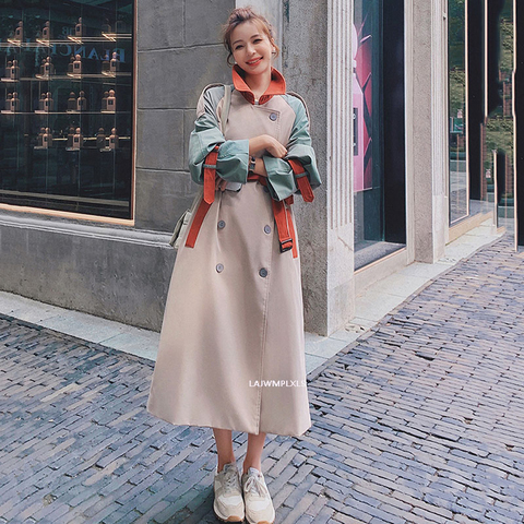 2022 Korean New Autumn Fashion Color Block Trench Coat Women Streetwear red Belt Pocket Coat Trench Coat women spring FY135 ► Photo 1/6