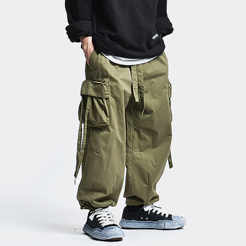 Multi-Pocket Cargo Pants Mens Safari Style Ribbon Jogger Baggy Solid Color Casual Trousers Men ► Photo 1/6