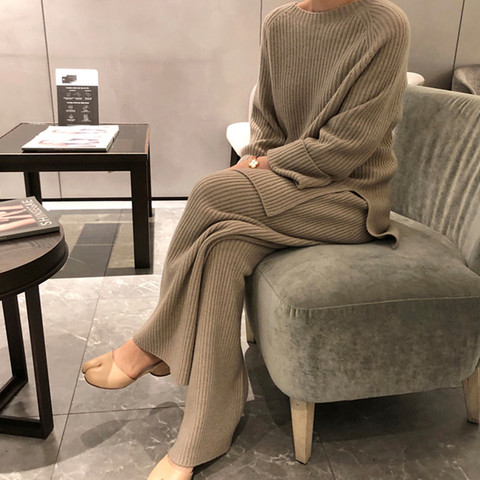 2022 New Fashion Winter Women's Thicken Warm Knitted Pullover Sweater Two-Piece Suits +High Waist Loose Wide Leg Pants Set ► Photo 1/6