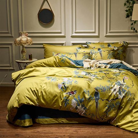 Svetanya Golden Pastoral Birds Luxury Satin Egyptian Cotton Bedding Set Bedlinens Queen King Size Duvet Cover Set Fitted Sheet ► Photo 1/6