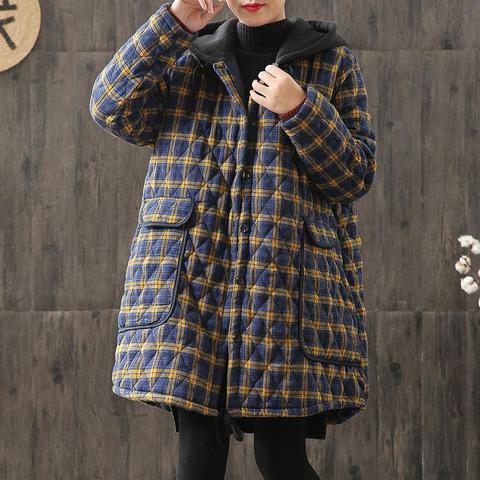 Johnature Women Hooded Plaid Parkas Vintage Button Coats Loose 2022 Autumn Winter New Pockets Female Casual Warm Parkas Coats ► Photo 1/6