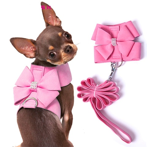 Small Dog Harness Leash Collar Soft Suede Leather Dog Harness for Puppies Chihuahua Yorkie Cute Pet Harness with Leash Bow XL ► Photo 1/6