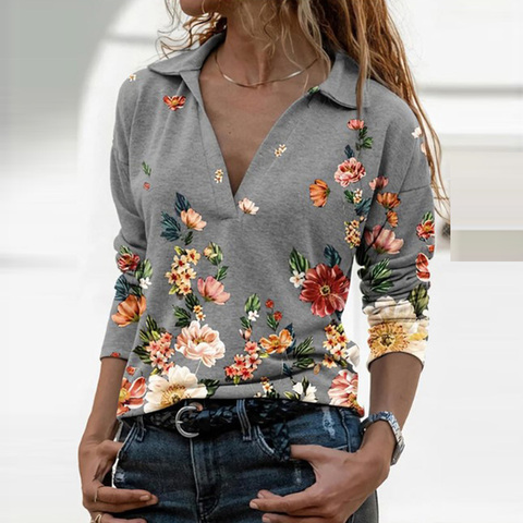 2019 Spring Summer Fall Floral Print Collar Long Sleeve Women Top Shirt Blouse